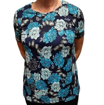 Tshirt Dames Bloemen Blauw, maat L