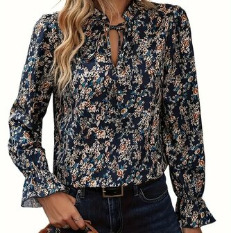 Blouse Dames bloemen-print DONKERBLAUW