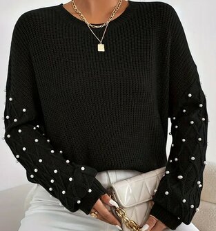 Trui of Pullover ZWART,met parels
