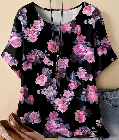 Tshirt Bloemen Zwart