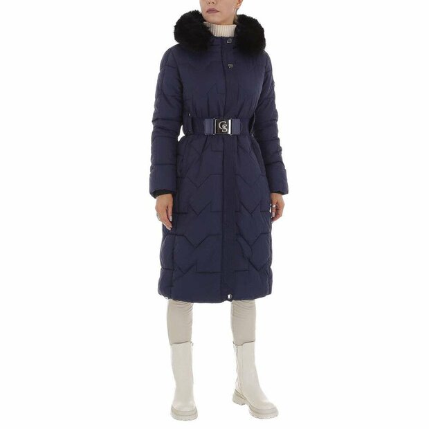 Lange Winterjas Donkerblauw, met riem
