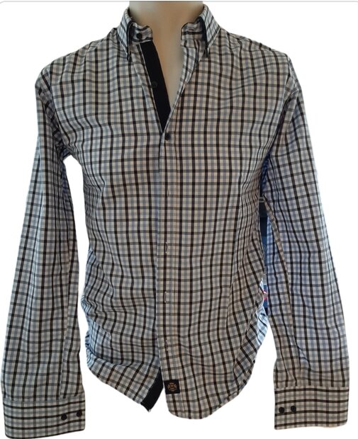 Blouse Heren Blauw / Wit geblokt, maat 164