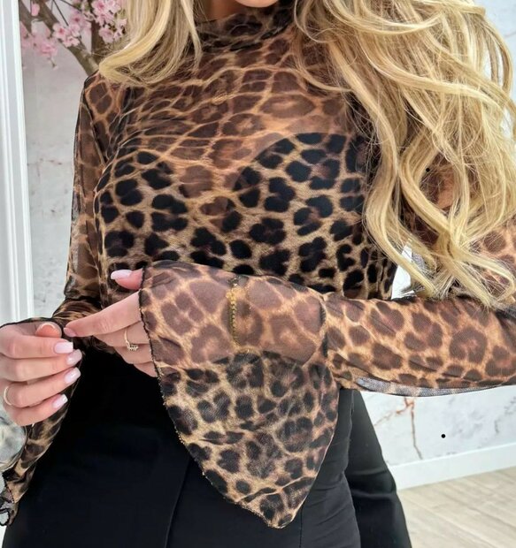 Panter Top met Flared Mouwen, BEIGE