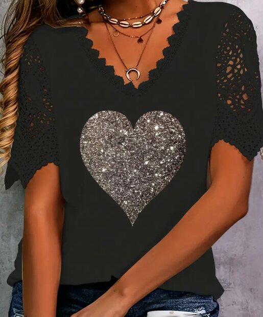 Tshirt Dames Zwart, met kant