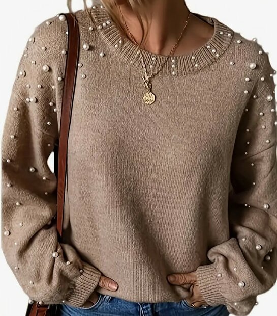Trui of Pullover BEIGE,met parels