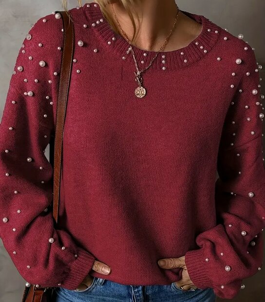 Trui of Pullover DONKERROOD, met parels