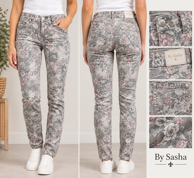 Jeans Bloemen Grijs, maat 34 of 36