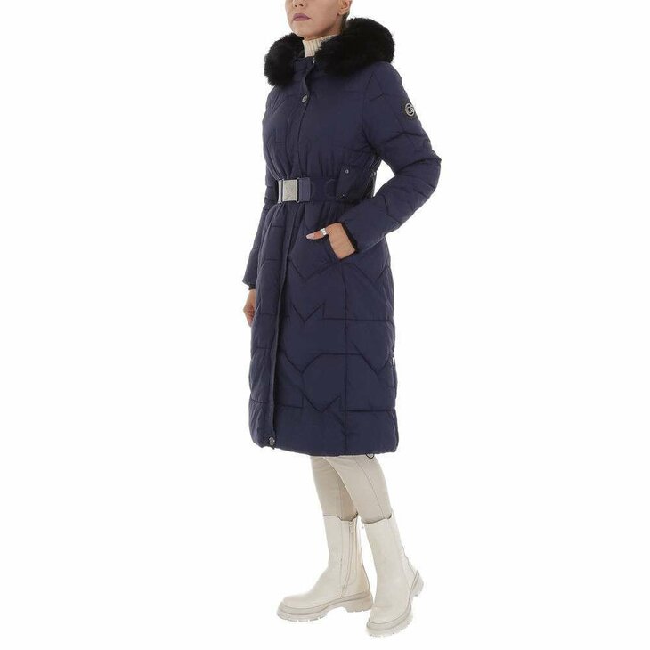Lange Winterjas Donkerblauw, met riem