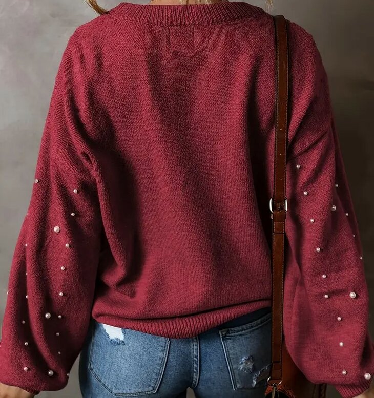 Trui of Pullover DONKERROOD, met parels